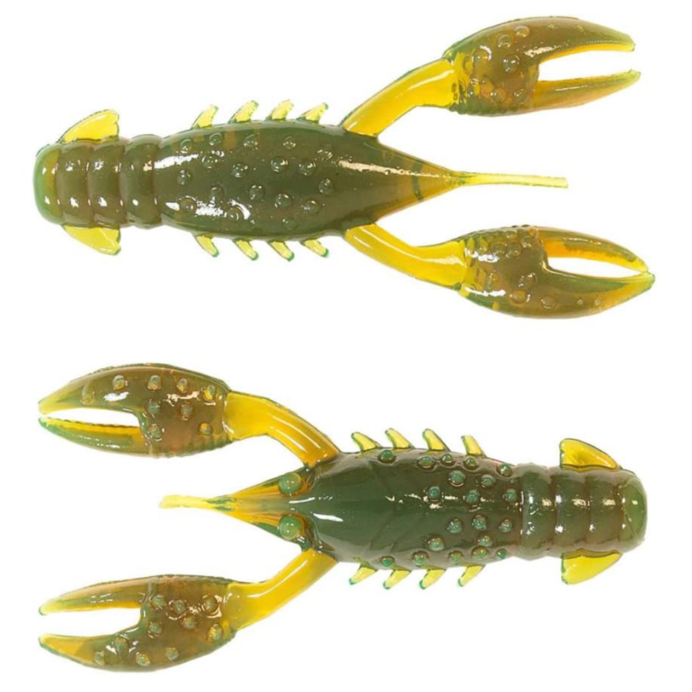 Two realistic Z-Man TRD Crawz lures, designed by Z-Man, feature green and yellow rubber crayfish imitations with buoyant claws and segmented bodies; one is viewed from above, the other from below.