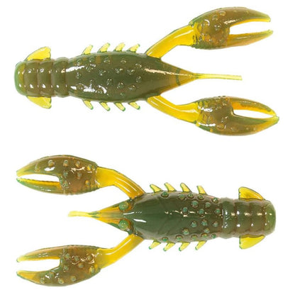 Two realistic Z-Man TRD Crawz lures, designed by Z-Man, feature green and yellow rubber crayfish imitations with buoyant claws and segmented bodies; one is viewed from above, the other from below.