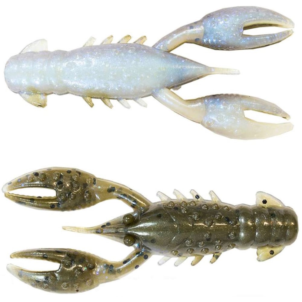 Two soft lures from Z-Man, shaped like crayfish: the top translucent white with blue hints for Ned Rigs and the bottom brown mottled with black spots as TRD Crawz. Both feature buoyant claws and segmented bodies.