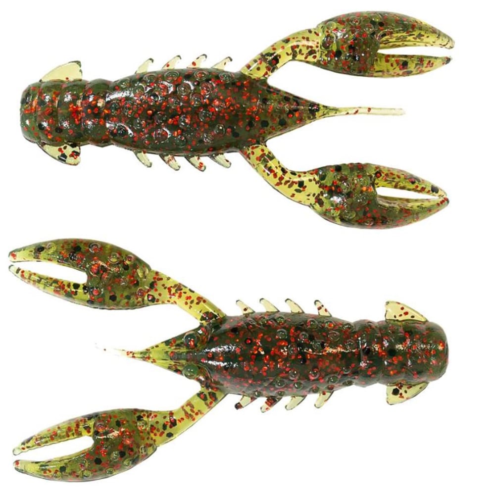 The two Z-Man TRD Crawz lures, in green and brown with red speckles, feature buoyant claws and segmented bodies for a realistic crayfish look. They're ideal for a Ned Rig setup, positioned horizontally and facing opposite directions.