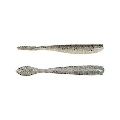 The Z-Man Trick ShotZ fishing lures by Z-Man are made with ElaZtech construction, featuring a tapered shape and transparent bodies with embedded black specks. The top lure has a pointed tail, while the bottom one features a paddle-style tail, making them ideal drop shot baits that mimic small fish.