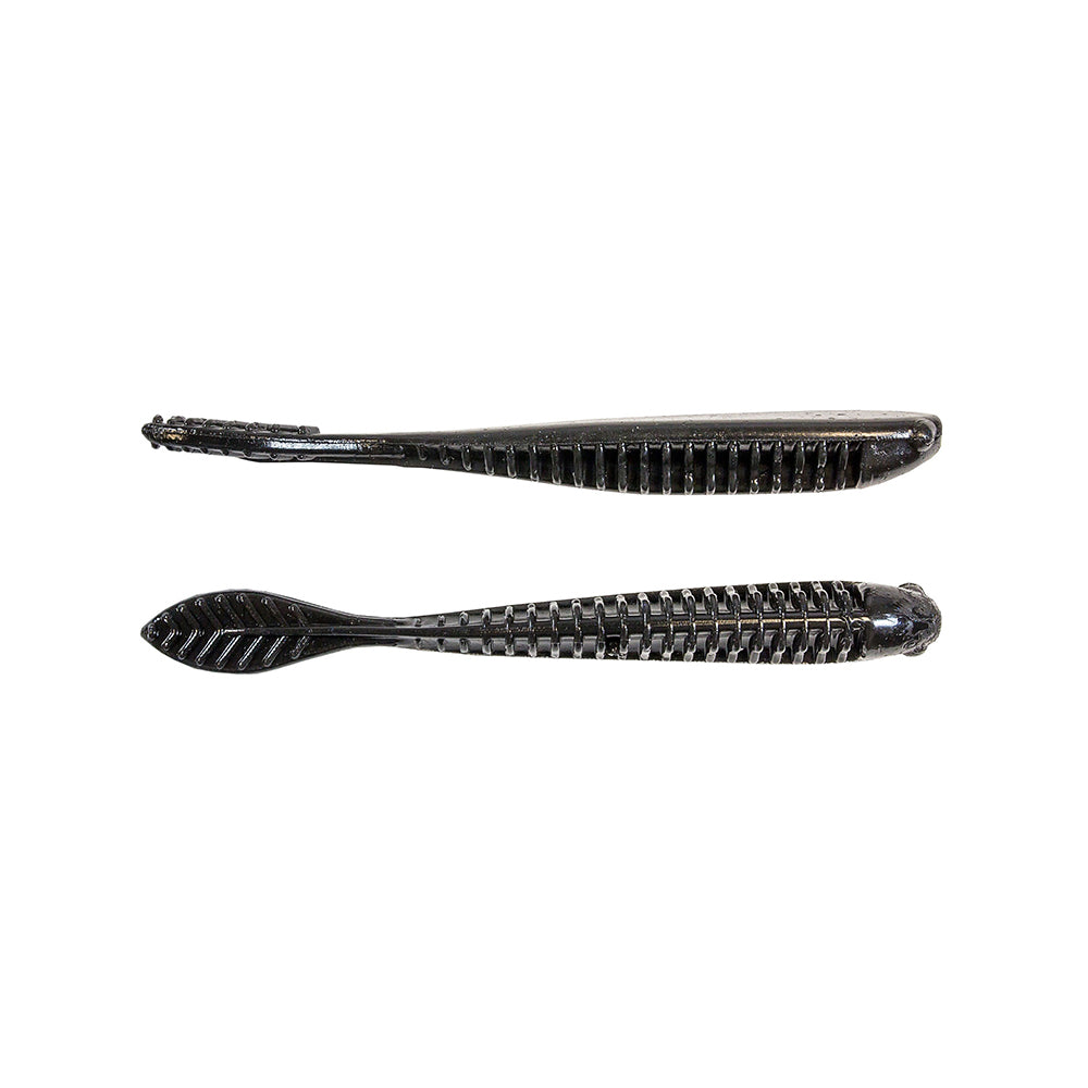Two black Z-Man Trick ShotZ lures, made with ElaZtech construction, lay on a white background. The top lure has a streamlined body ideal for drop shot baits, while the bottom one showcases a ribbed design. Both effectively mimic baitfish.