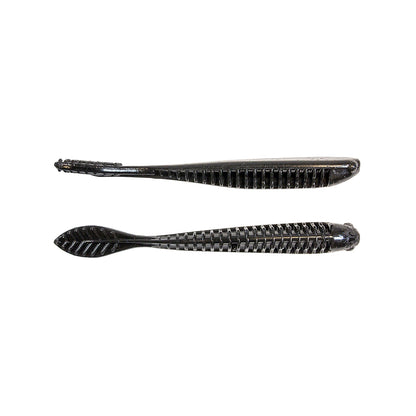 Two black Z-Man Trick ShotZ lures, made with ElaZtech construction, lay on a white background. The top lure has a streamlined body ideal for drop shot baits, while the bottom one showcases a ribbed design. Both effectively mimic baitfish.