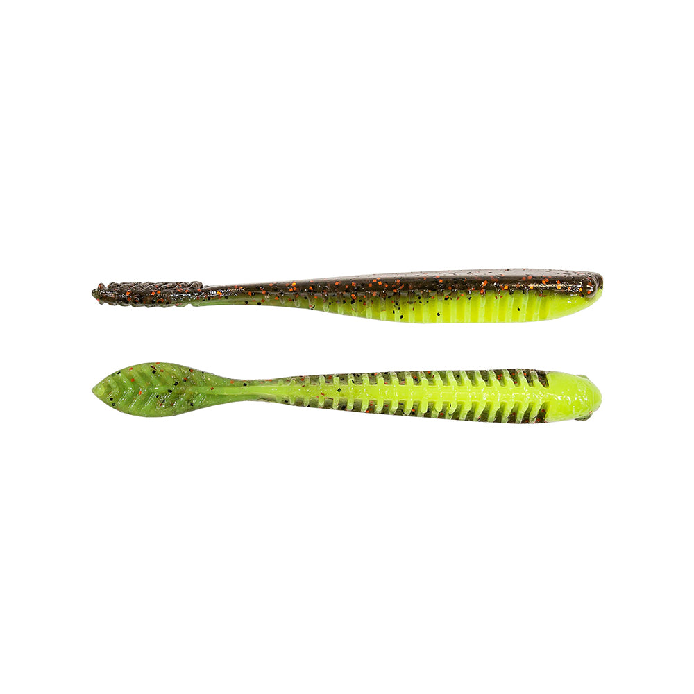 Two Z-Man Trick ShotZ soft plastic fishing lures made with ElaZtech are shown on a white background. One is green with black flecks and a paddle tail; the other is gray-green with dark markings and features a forked tail, both having ribbed bodies ideal for drop shot baits.