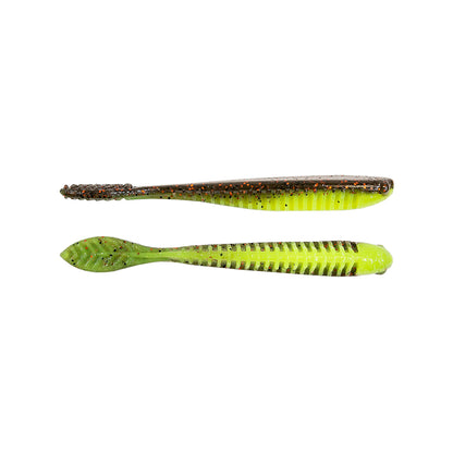 Two Z-Man Trick ShotZ soft plastic fishing lures made with ElaZtech are shown on a white background. One is green with black flecks and a paddle tail; the other is gray-green with dark markings and features a forked tail, both having ribbed bodies ideal for drop shot baits.