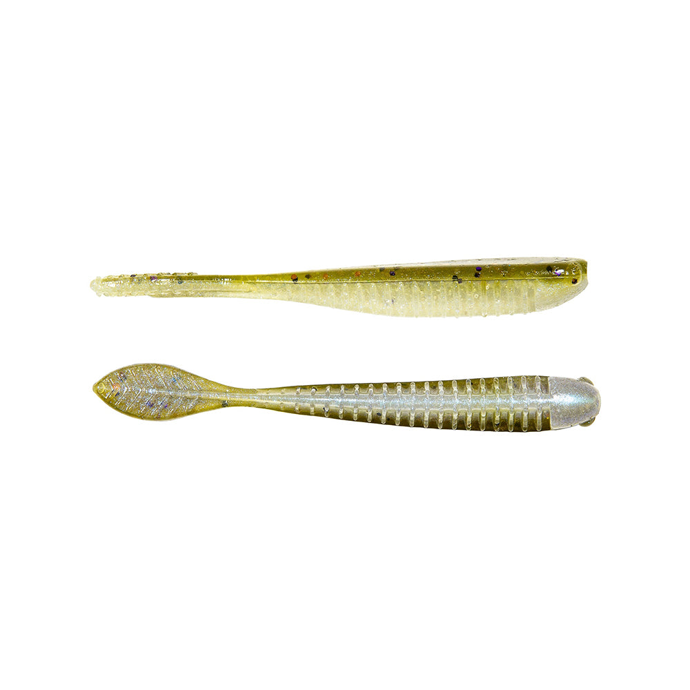 Two Z-Man Trick ShotZ soft plastic fishing lures are on a white background. The top is slender with a pointed head made from ElaZtech, while the bottom features a ribbed body and paddle tail. Both have greenish tones with flecks for detail.