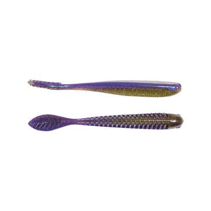 Two purple and green textured Z-Man Trick ShotZ lures feature ElaZtech construction: one with a tapered tail and the other with a paddle-shaped tail. Both boast a shiny, reflective finish ideal for drop shot fishing or as Trick ShotZ enhancers.
