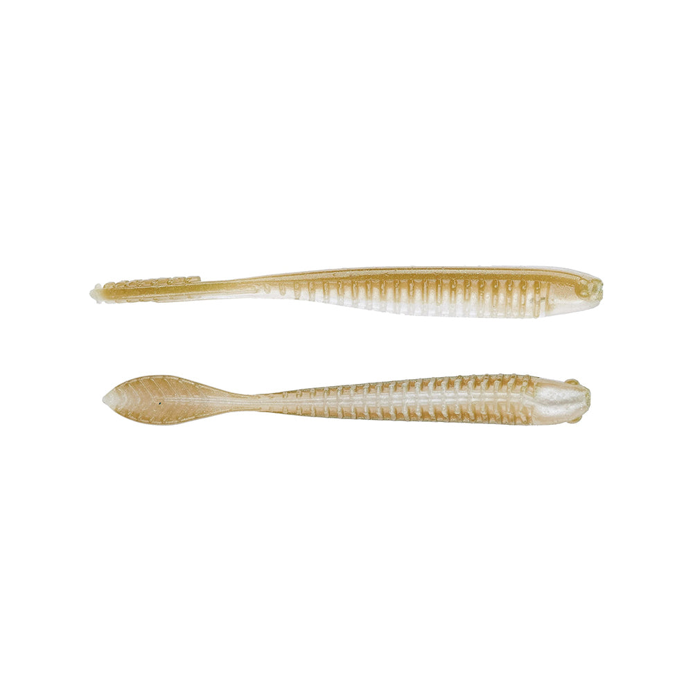 Two tan Z-Man Trick ShotZ soft plastic lures, made of ElaZtech with ribbed bodies, are shown on a white background. One is side-viewed, and the other top-viewed to showcase their elongated shapes perfect for drop shot baits.
