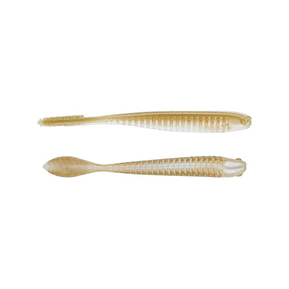 Two tan Z-Man Trick ShotZ soft plastic lures, made of ElaZtech with ribbed bodies, are shown on a white background. One is side-viewed, and the other top-viewed to showcase their elongated shapes perfect for drop shot baits.