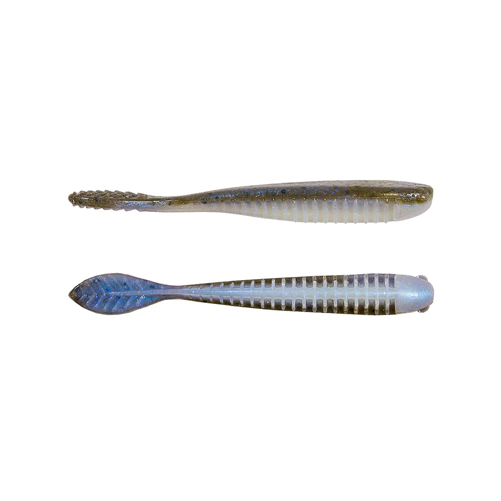 On a white background are two soft plastic fishing lures. The top one is dark green, made with ElaZtech construction, featuring a ribbed body and rounded tail. The bottom resembles a blue Z-Man Trick ShotZ design with black stripes, has a ribbed body and paddle tail.