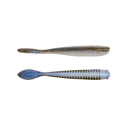 On a white background are two soft plastic fishing lures. The top one is dark green, made with ElaZtech construction, featuring a ribbed body and rounded tail. The bottom resembles a blue Z-Man Trick ShotZ design with black stripes, has a ribbed body and paddle tail.
