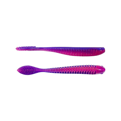 Two Z-Man Trick ShotZ lures with ElaZtech construction and ribbed bodies come in purple and pink; one has a flat tail, the other a rounded tail, both ideal as drop shot baits mimicking small fish.