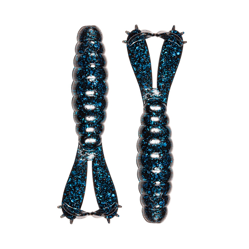 Two Z-Man Goat Twin Tail Grub fishing lures in black and blue, made with durable ElaZtech, have segmented bodies and twin tail grub designs. Both lures are shown side by side on a white background.