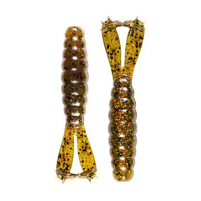 The Z-Man Goat Twin Tail Grub by Z-Man features two soft plastic lures with ribbed bodies, forked tails, and a greenish-yellow color with black and red glitter. Durable ElaZtech construction provides long-lasting fishing performance.
