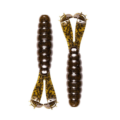 Two Z-Man Goat Twin Tail Grub lures feature dark brown segmented bodies and translucent yellow-green twin tails speckled with black dots, ideal for attracting fish.