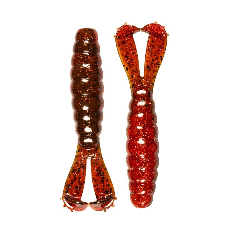 Two soft plastic fishing lures—the Z-Man Goat Twin Tail Grub by Z-Man—feature segmented bodies, twin tails, and come in brown/red with black speckles. Made from durable ElaZtech construction for long-lasting use.