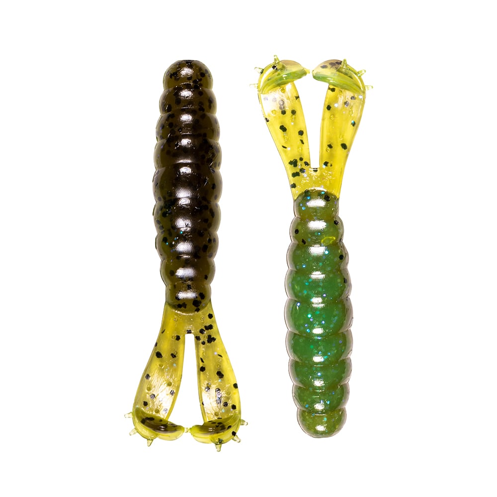 The Z-Man Goat Twin Tail Grub fishing lures by Z-Man feature ribbed bodies and twin tails in dark green with black spots and a lighter translucent color, all crafted from durable ElaZtech material.
