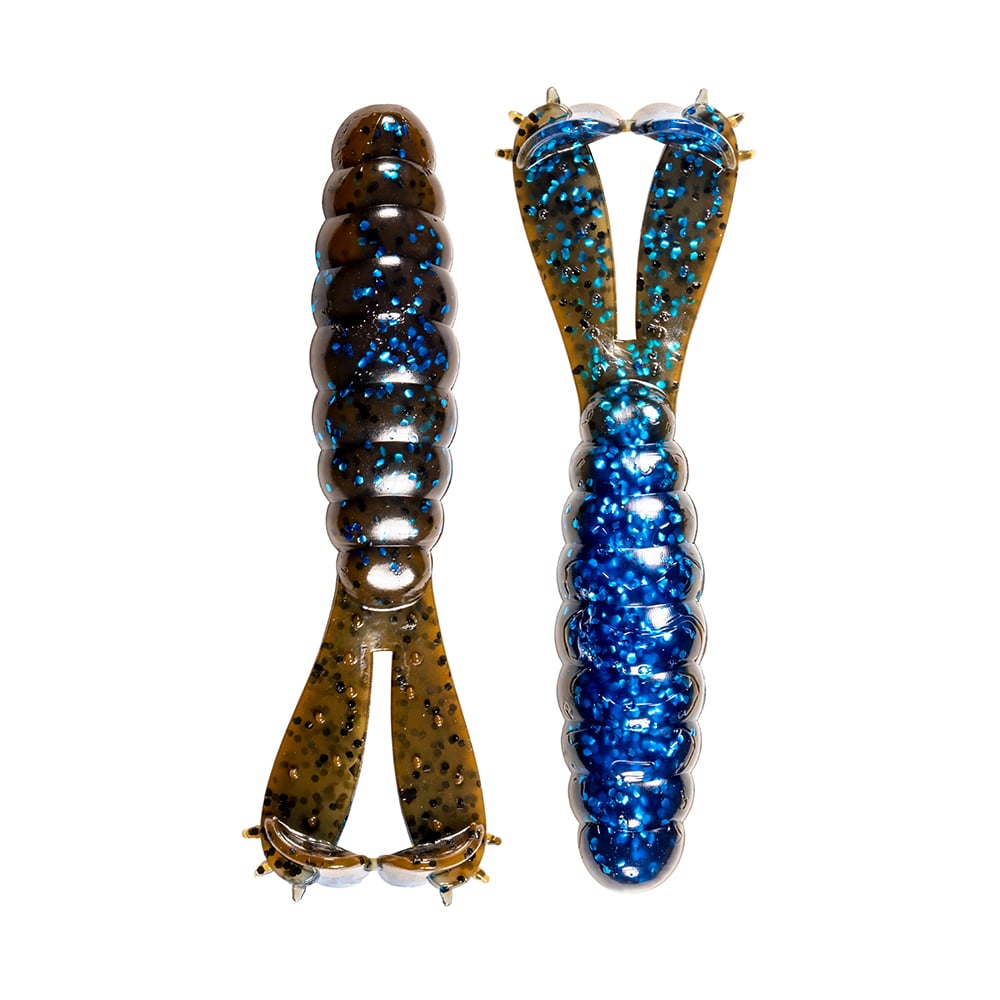 Two Z-Man Goat Twin Tail Grub lures, made from durable ElaZtech, feature segmented worm shapes with split tails—one in brown with blue glitter, the other in blue with silver glitter—for versatile fishing action.