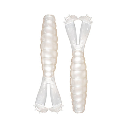 Two pearl-colored balloon figures shaped like chromosomes, each with a shiny segmented look and rounded ends similar to the Z-Man Goat Twin Tail Grub by Z-Man, are placed side by side on a white background.