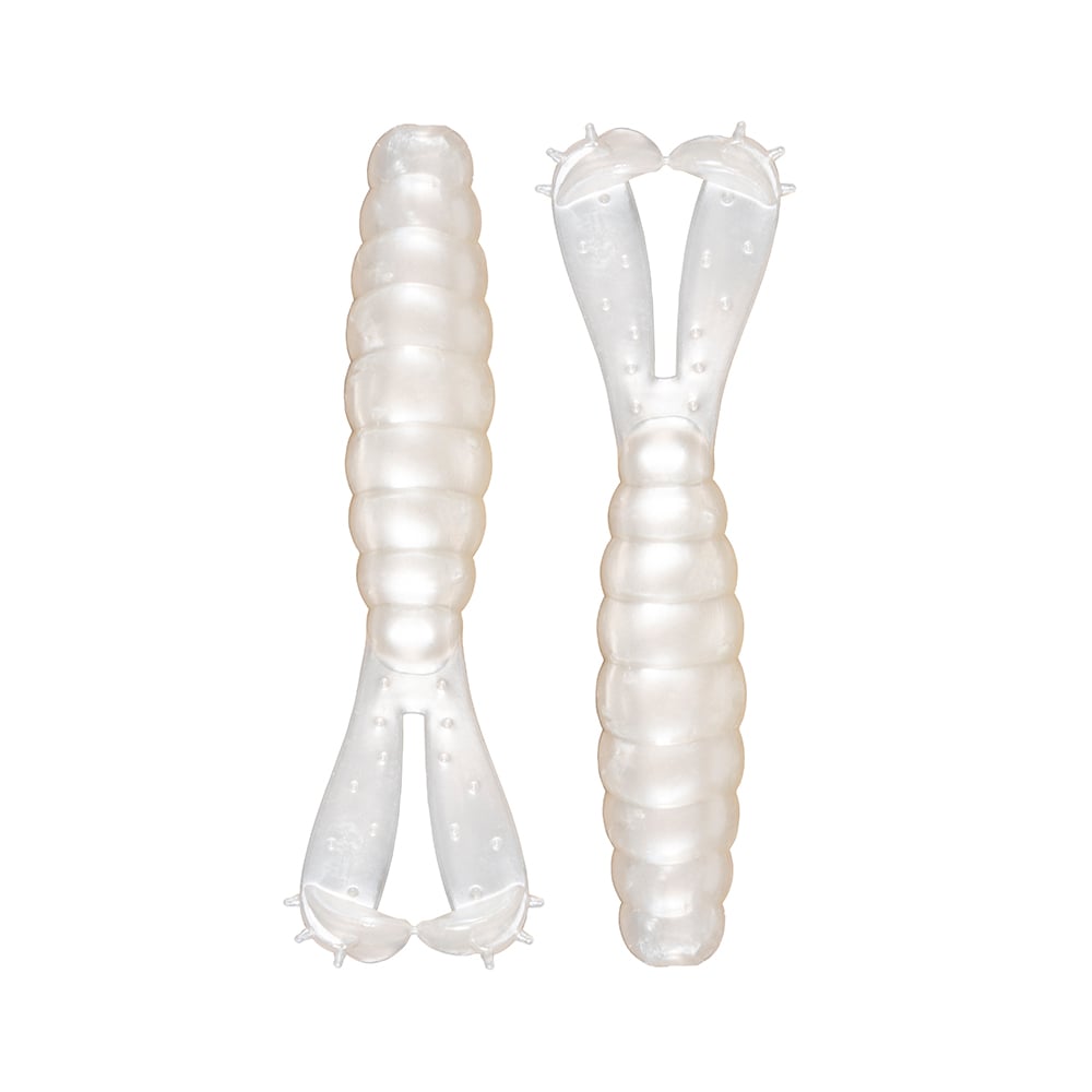 Two transparent Z-Man Goat Twin Tail Grubs with pearlescent, segmented bodies and bulbous ends highlight their ElaZtech construction by Z-Man against a plain white background.