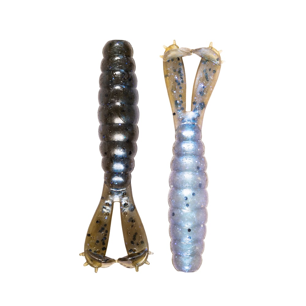 Two Z-Man Goat Twin Tail Grub lures by Z-Man, each with durable ElaZtech construction and segmented bodies: one dark brown with black speckles, the other light blue with black speckles—both displayed on a white background.
