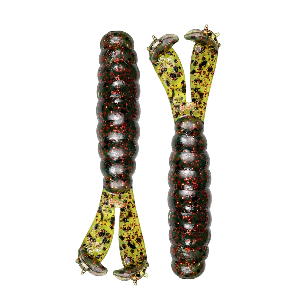 The Z-Man Goat Twin Tail Grub lures by Z-Man feature ElaZtech construction, segmented dark green bodies with red flakes, yellow-green undersides with black and red specks, and twin split tails for enticing action.