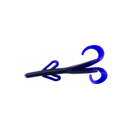 A blue Zoom Brush Hogs creature bait by Zoom, featuring a straight body, two side appendages, and two curled tails—perfect for big bass. Displayed on a white background.