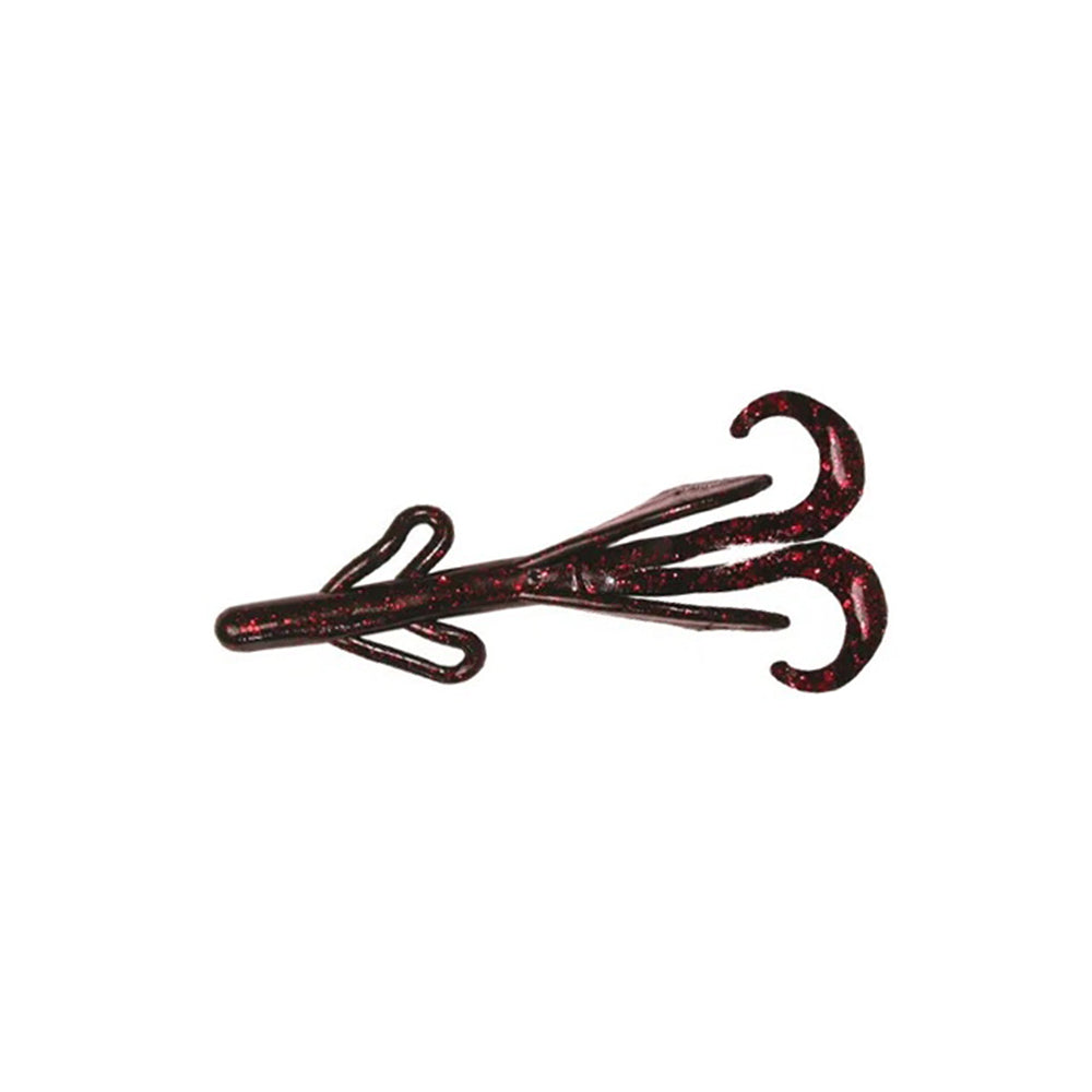 The Zoom Brush Hogs by Zoom are soft plastic creature baits shaped like crawfish, dark brown with red glitter, featuring curled claws and multiple appendages—ideal for enticing big bass.