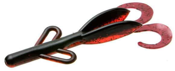 The Zoom Brush Hogs by Zoom features a soft plastic black body, two curly red tails, speckled patterns, and extra red appendages to mimic prey and attract big bass.