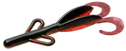 The Zoom Brush Hogs by Zoom features a soft plastic black body, two curly red tails, speckled patterns, and extra red appendages to mimic prey and attract big bass.