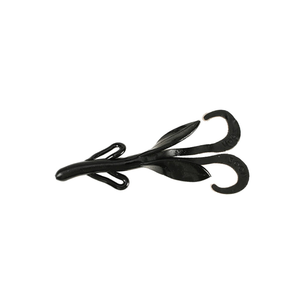 A pair of black metal pincers with curved, claw-like hooks and leaf-shaped details, resembling Zoom Brush Hogs by Zoom for big bass, viewed from above on a white background.