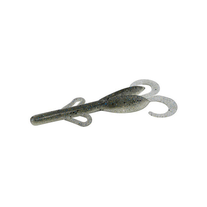The Zoom Brush Hogs by Zoom are soft plastic creature baits with two curly appendages and a speckled gray and black pattern, ideal for targeting big bass.