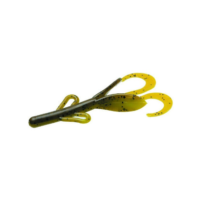The Zoom Brush Hogs by Zoom are soft plastic baits shaped like crawfish in green and yellow with black speckles, featuring curly tails and side appendages—ideal for catching big bass. Shown on a white background.