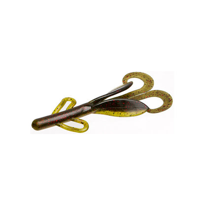The Zoom Brush Hogs by Zoom are soft plastic creature baits featuring a dark brown body with multiple greenish, curly appendages speckled with red and black—ideal for targeting big bass.