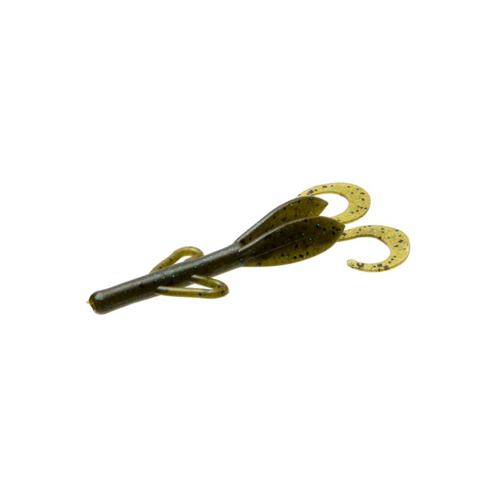 The Zoom Brush Hogs by Zoom are soft plastic creature baits in olive green with black speckles, featuring a thick body, curled tails, and side appendages—ideal for attracting big bass.