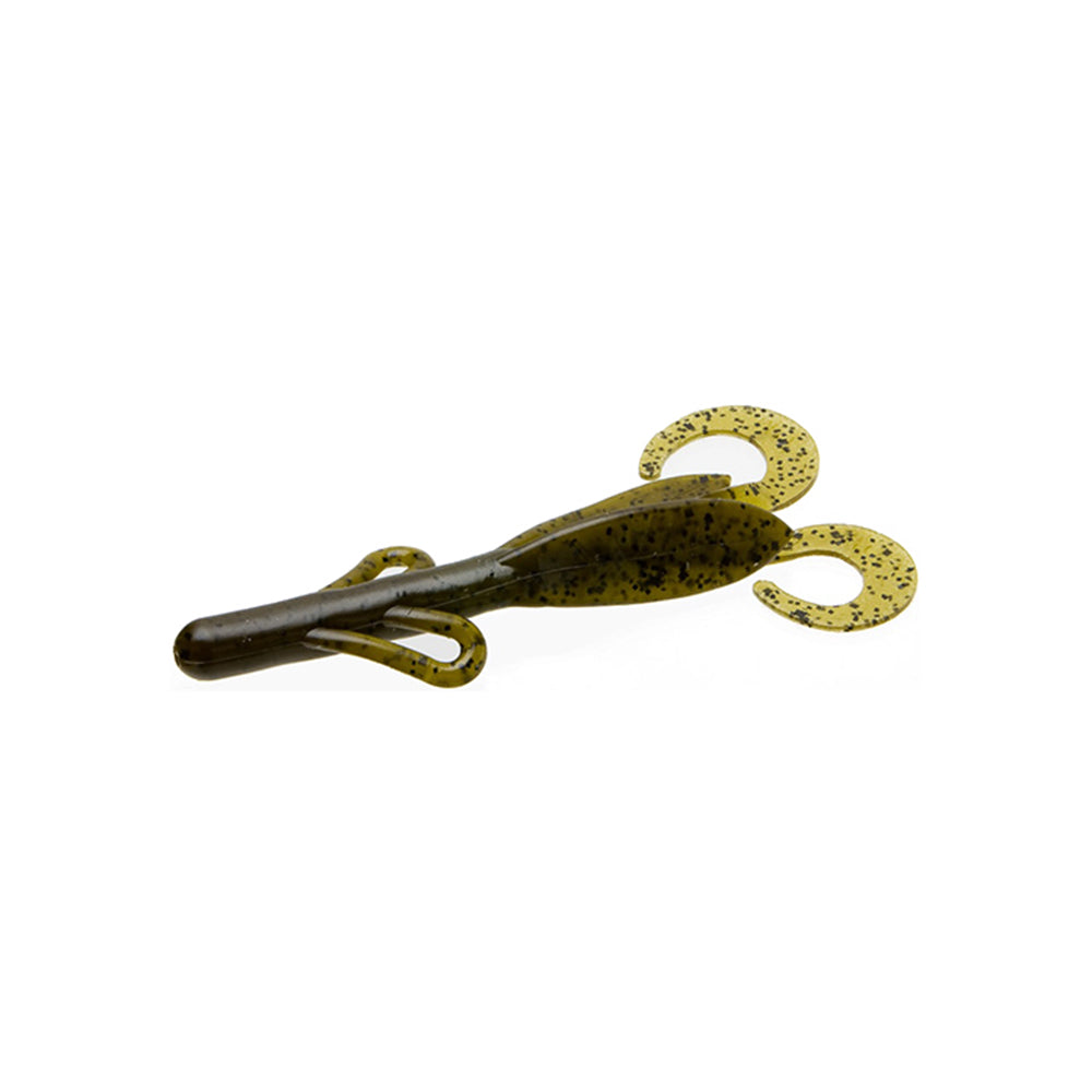 The Zoom Brush Hogs by Zoom are soft plastic creature baits shaped like crawfish, featuring a dark green and yellow body with two curly, speckled tail appendages—ideal for attracting big bass.