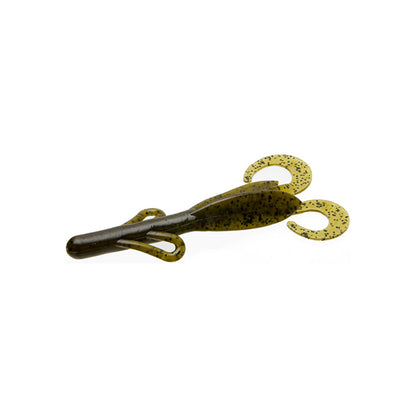 The Zoom Brush Hogs by Zoom are soft plastic creature baits shaped like crawfish, featuring a dark green and yellow body with two curly, speckled tail appendages—ideal for attracting big bass.