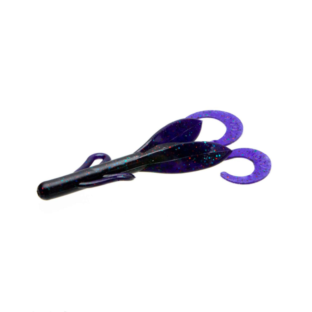 The Zoom Brush Hogs by Zoom are soft plastic creature baits shaped like crawfish, featuring a dark purple glitter body and two curled purple appendages—ideal for attracting big bass.
