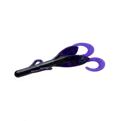 The Zoom Brush Hogs by Zoom are soft plastic creature baits shaped like crawfish, featuring a dark purple glitter body and two curled purple appendages—ideal for attracting big bass.