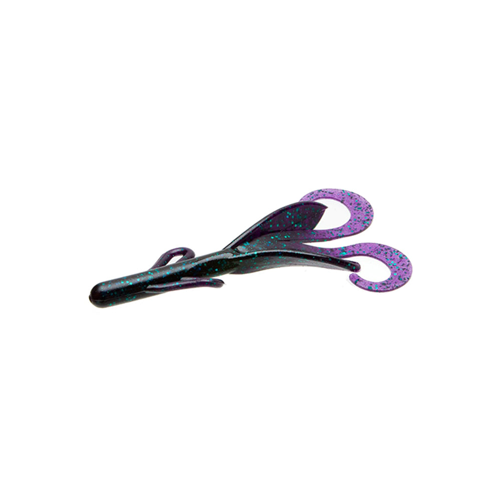 The Zoom Brush Hogs by Zoom are soft plastic baits shaped like crawfish, featuring two curled purple tails and a glittery blue-black body—ideal for attracting big bass. Shown here on a white background.