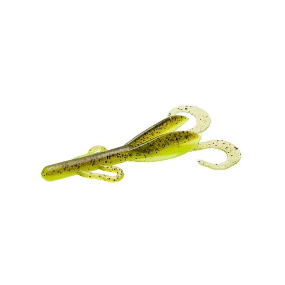 The Zoom Brush Hogs by Zoom are soft plastic creature baits featuring a slender body, two curled tails, and a translucent yellow-green color with black speckles—ideal for attracting big bass.