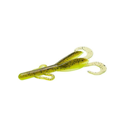 The Zoom Brush Hogs by Zoom are soft plastic creature baits featuring a slender body, two curled tails, and a translucent yellow-green color with black speckles—ideal for attracting big bass.