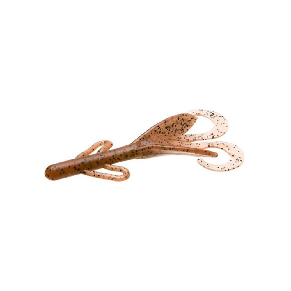 The Zoom Brush Hogs by Zoom are soft plastic creature baits shaped like crawfish or insect larva, light brown with black speckles, two curled tails, and small appendages—ideal for targeting big bass.