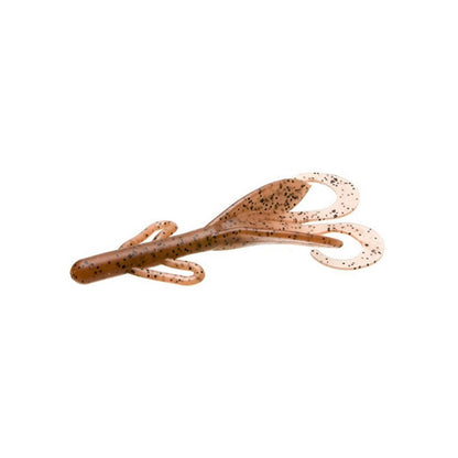 The Zoom Brush Hogs by Zoom are soft plastic creature baits shaped like crawfish or insect larva, light brown with black speckles, two curled tails, and small appendages—ideal for targeting big bass.