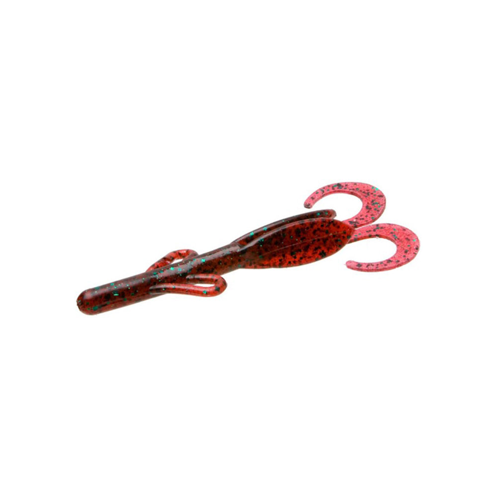 The Zoom Brush Hogs by Zoom are soft plastic creature baits, red with black and blue speckles, featuring two curled appendages—ideal for attracting big bass.