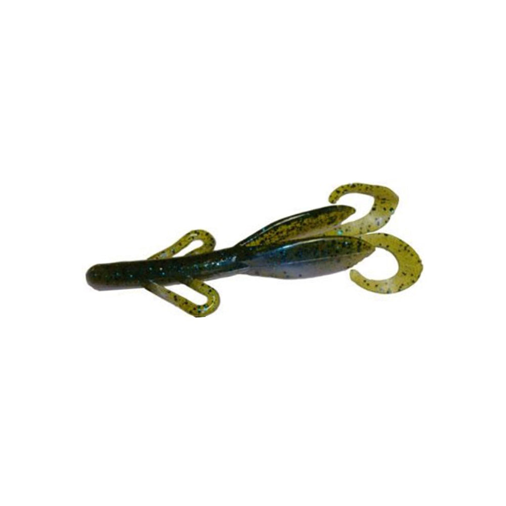 The Zoom Brush Hogs by Zoom are soft plastic creature baits shaped like crawfish, featuring curled tails and side appendages. Their dark green and translucent yellow color with blue speckles makes them ideal for catching big bass.