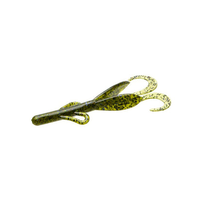 The Zoom Brush Hogs by Zoom is a green and black speckled creature bait featuring two long curled tails and side appendages, designed to mimic prey and attract big bass.