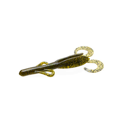 The Zoom Brush Hogs by Zoom is a soft plastic creature bait in dark green with black and yellow speckles, featuring curled tails and side appendages. Designed to resemble a crawfish, it's perfect for attracting big bass. Shown on a white background.