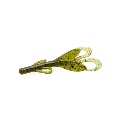 The Zoom Brush Hogs by Zoom is a green, speckled soft plastic bait with two flipper tails and a streamlined body, designed to mimic aquatic prey and attract big bass. Shown against a white background.