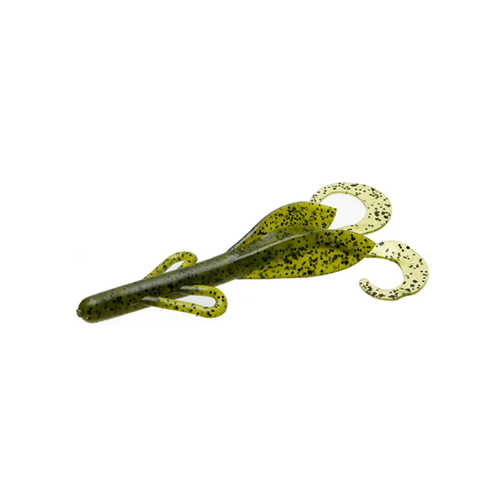 The Zoom Brush Hogs by Zoom are green, speckled soft plastic creature baits with two curly tails and side appendages, ideal for attracting big bass in freshwater fishing.